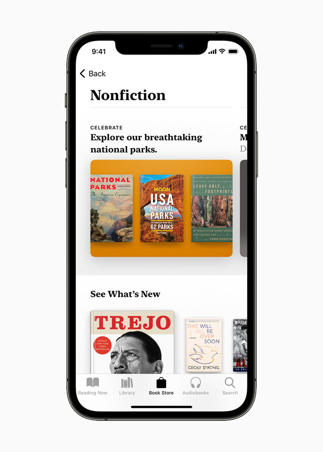 Apple Books app featuring national parks on iPhone 12 Pro.
