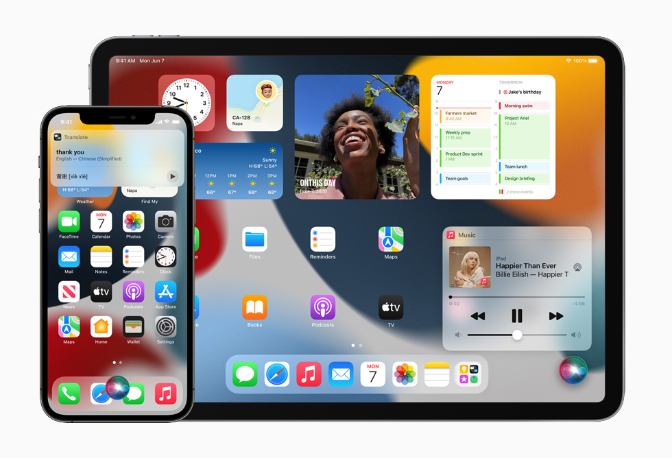 A Siri translation request is processed onscreen, displayed on iPhone 12 Pro and iPad Pro.