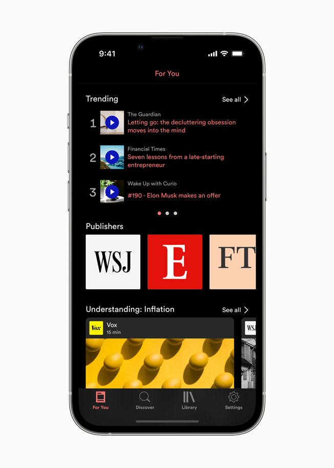 Curio’s Trending and Publishers page on the For You tab.