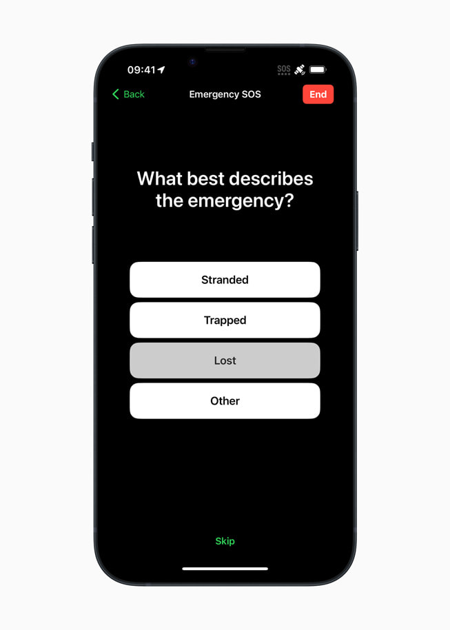 The questionnaire asks users “What best describes the emergency?”