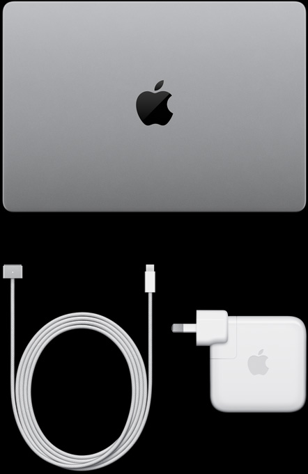 MacBook Pro with PROLED XDR Display, silver colour, top, closed, USB-C charging cable and power adapter