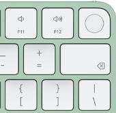 Klawiatura Magic Keyboard, prawy górny róg, kolor zielony, czytnik Touch ID, klawisz Delete i klawisze regulacji głośności