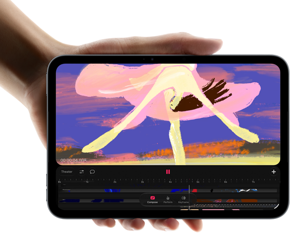 Widoczny od przodu iPad mini trzymany w dłoni, na ekranie widać interfejs do edycji wideo z kolorowymi klipami, poniżej wzmianka o czipie A20 Pro