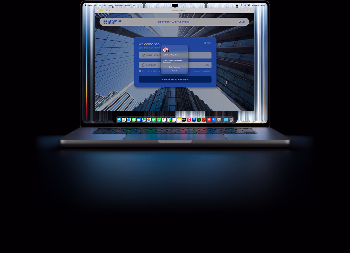 MacBook Pro z wyświetlaczem PROLED XDR, małe okno Safari informuje użytkownika, żeby użył Touch ID lub wprowadził dane logowania do witryny internetowej