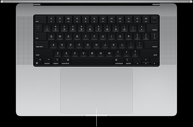 Otwarty MacBook Pro w kolorze srebrnym, widać klawiaturę i gładzik Force Touch