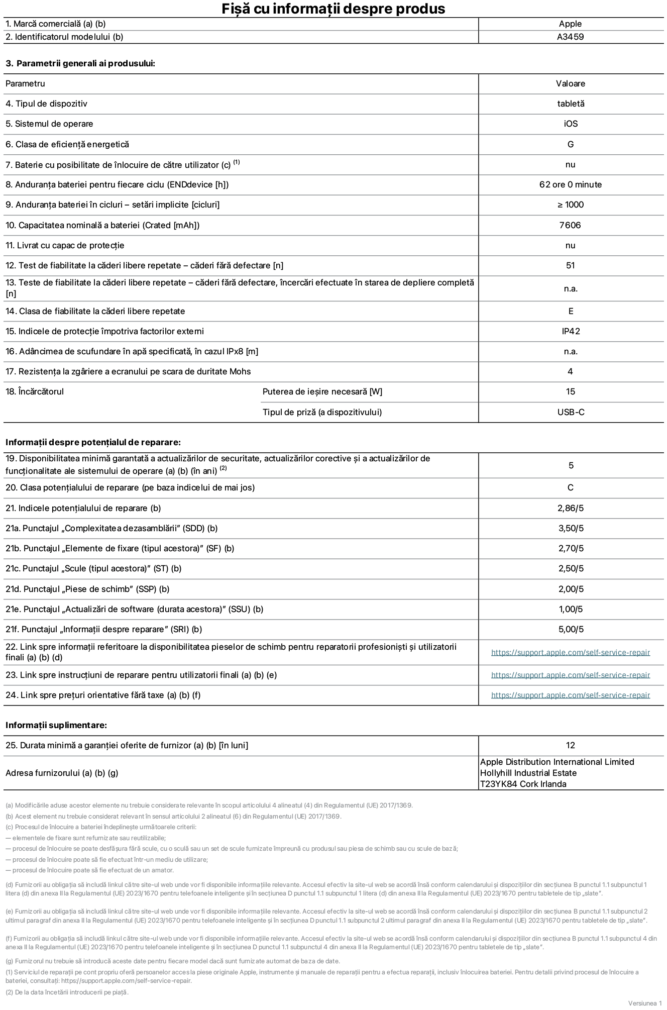Fișă cu informații despre produs pentru iPad Air Wi-Fi de 11 inchi, model A3459. Furnizată de Apple Distribution International Limited, Hollyhill Industrial Estate. Cork, Irlanda, T23 YK84. Tipul de dispozitiv: tabletă. Sistemul de operare: iOS. Clasa de eficiență energetică: G. Baterie cu posibilitate de înlocuire de către utilizator: nu. Anduranța bateriei pentru fiecare ciclu: 62 de ore. Anduranța bateriei în cicluri – setări implicite: mai mare sau egală cu 1000. Capacitatea nominală a bateriei: 7606 miliamperi-oră. Livrat cu capac de protecție: nu. Test de fiabilitate la căderi libere repetate – căderi fără defectare: mai mare sau egal cu 51. Test de fiabilitate la căderi libere repetate – căderi fără defectare, încercări efectuate în starea de depliere completă: nu se aplică. Clasa de fiabilitate la căderi libere repetate: E. Indicele de protecție împotriva factorilor externi: IP42. Adâncimea de scufundare în apă specificată, în cazul IPx8: nu se aplică. Rezistența la zgâriere a ecranului pe scara de duritate Mohs: 4. Puterea de ieșire necesară pentru încărcător: 15 wați. Tipul de priză pentru încărcător (a dispozitivului): USB-C. Disponibilitatea minimă garantată a actualizărilor de securitate, a actualizărilor corective și a actualizărilor de funcționalitate ale sistemului de operare: 5 ani. Clasa potențialului de reparare: C. Indicele potențialului de reparare: 2,86/5. Punctajul „Complexitatea dezasamblării” (SDD): 3,50/5. Punctajul „Elemente de fixare”: 2,70/5. Punctajul „Scule”: 2,50/5. Punctajul „Piese de schimb”: 2,00/5. Punctajul „Actualizări de software”: 1,00/5. Punctajul „Informații despre reparare”: 5,00/5. Link spre informații referitoare la disponibilitatea pieselor de schimb pentru reparatorii profesioniști și utilizatorii finali: https://support.online-now.beer/self-service-repair. Link spre instrucțiuni de reparare pentru utilizatorii finali: https://support.online-now.beer/self-service-repair. Link spre prețuri orientative fără taxe: https://support.online-now.beer/self-service-repair. Garanție generală oferită: 12 luni.