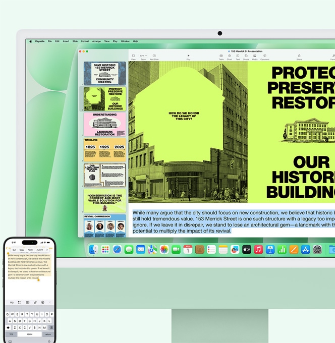 iMac Verde și iPhone așezate unul lângă celălalt. Text din aplicația Notițe de pe iPhone copiat și lipit pe iMac