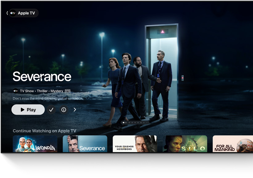 Apple TV app, featured title: Severance, people walk out of an elevator into a parking lot, Continue Watching row below