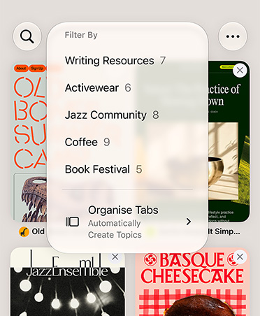 iPhone Safari browser, displaying the Filter menu with categories like Writing Resources, Activewear, Jazz Community, Coffee, and Book Festival, with Automatically Organize option selected