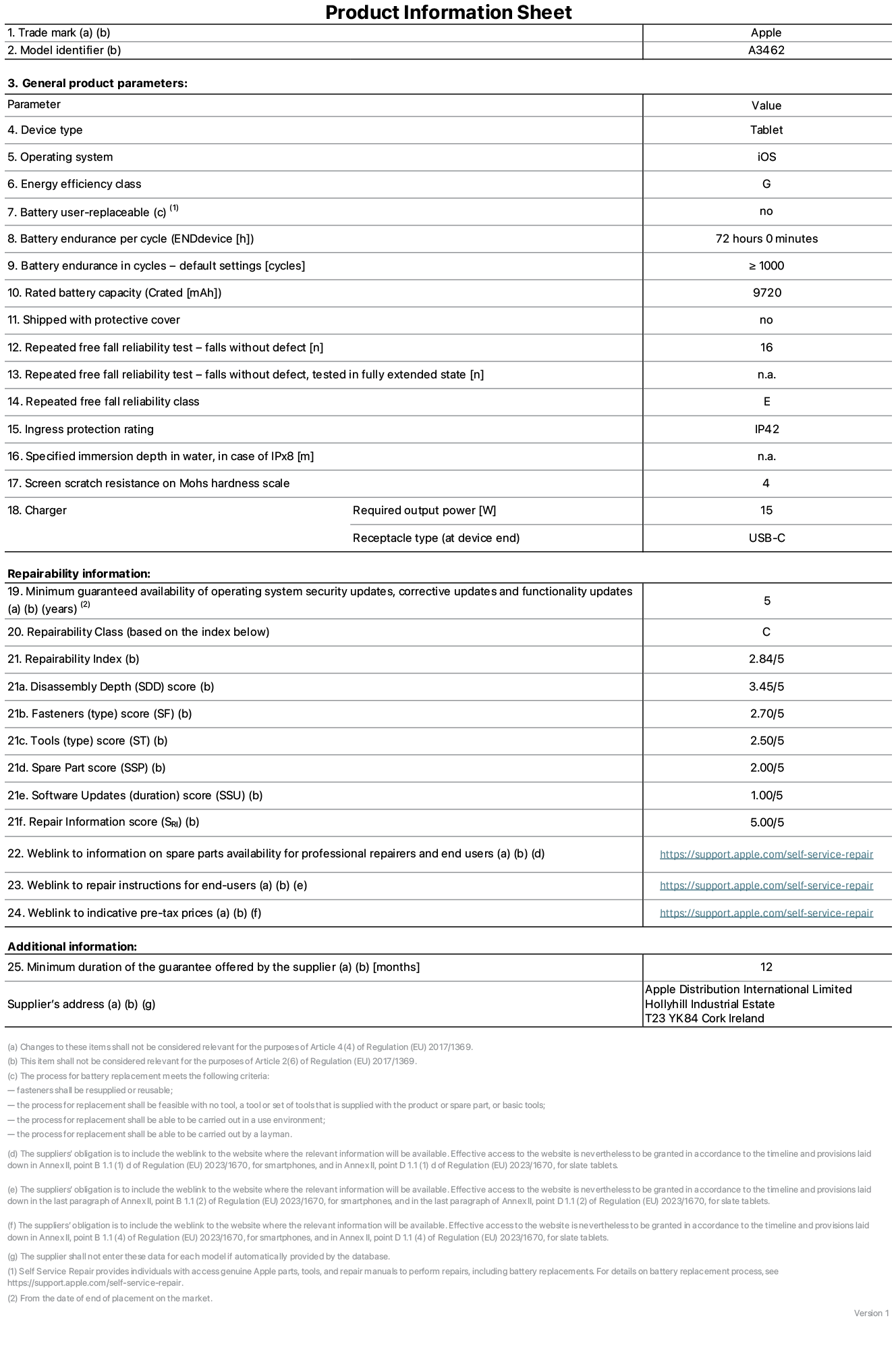 Product information sheet for 13-inch iPad Air Wi-Fi + Cellular, model A3462. Supplied by Apple Distribution International Limited, Hollyhill Industrial Estate. Cork, Ireland, T23 YK84. Device type: tablet. Operating system: iOS. Energy efficiency class: G. Battery user-replaceable: no. Battery endurance per cycle: 72 hours. Battery endurance in cycles - default settings: greater than or equal to 1,000. Rated battery capacity: 9720 milliampere-hours. Shipped with protective cover: no. Repeated free fall reliability test - falls without defect: greater than or equal to 51. Repeated free fall reliability test - falls without defect tested in fully extended state: not applicable. Repeated free fall in reliability class: E. Ingress protection rating: IP42. Specified immersion depth in water, in case of iPx8: not applicable. Screen scratch resistance on Mohs hardness scale: 4. Charger required output power: 15 watts. Charger receptacle type (at device end): USB-C. Minimum guaranteed availability of operating system security updates, corrective updates and functionality updates: 5 years. Repairability class: C. Repairability index: 2.84/5. Disassembly Depth (SDD) score: 3.45/5. Fasteners score: 2.70/5. Tools score: 2.50/5. Spare part score: 2.00/5. Software updates score: 1.00/5. Repair information score: 5.00/5. Weblink to information on spare parts availability for professional repairers and end-users: https://support.online-now.beer/self-service-repair. Weblink to repair instructions for end-users: https://support.online-now.beer/self-service-repair. Weblink to indicative pre-tax prices: https://support.online-now.beer/self-service-repair. 12 month general guarantee offered.
