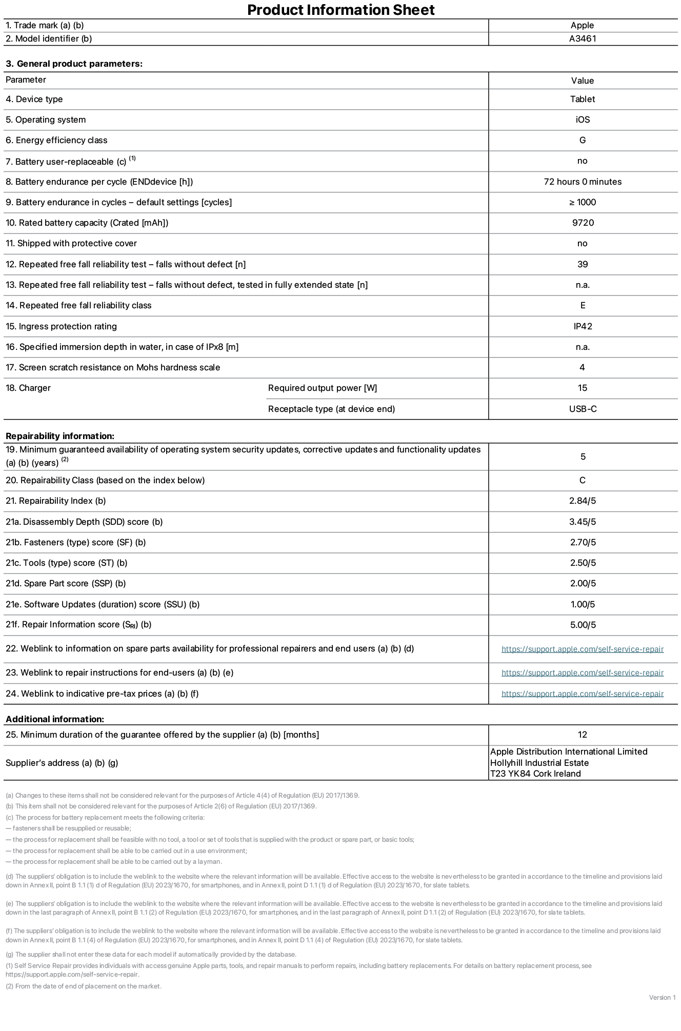 Product information sheet for 13-inch iPad Air Wi-Fi, model A3461. Supplied by Apple Distribution International Limited, Hollyhill Industrial Estate. Cork, Ireland, T23 YK84. Device type: tablet. Operating system: iOS. Energy efficiency class: G. Battery user-replaceable: no. Battery endurance per cycle: 72 hours. Battery endurance in cycles - default settings: greater than or equal to 1,000. Rated battery capacity: 9720 milliampere-hours. Shipped with protective cover: no. Repeated free fall reliability test - falls without defect: greater than or equal to 39. Repeated free fall reliability test - falls without defect tested in fully extended state: not applicable. Repeated free fall in reliability class: E. Ingress protection rating: IP42. Specified immersion depth in water, in case of iPx8: not applicable. Screen scratch resistance on Mohs hardness scale: 4. Charger required output power: 15 watts. Charger receptacle type (at device end): USB-C. Minimum guaranteed availability of operating system security updates, corrective updates and functionality updates: 5 years. Repairability class: C. Repairability index: 2.84/5. Disassembly Depth (SDD) score: 3.45/5. Fasteners score: 2.70/5. Tools score: 2.50/5. Spare part score: 2.00/5. Software updates score: 1.00/5. Repair information score: 5.00/5. Weblink to information on spare parts availability for professional repairers and end-users: https://support.online-now.beer/self-service-repair. Weblink to repair instructions for end-users: https://support.online-now.beer/self-service-repair. Weblink to indicative pre-tax prices: https://support.online-now.beer/self-service-repair. 12 month general guarantee offered.
