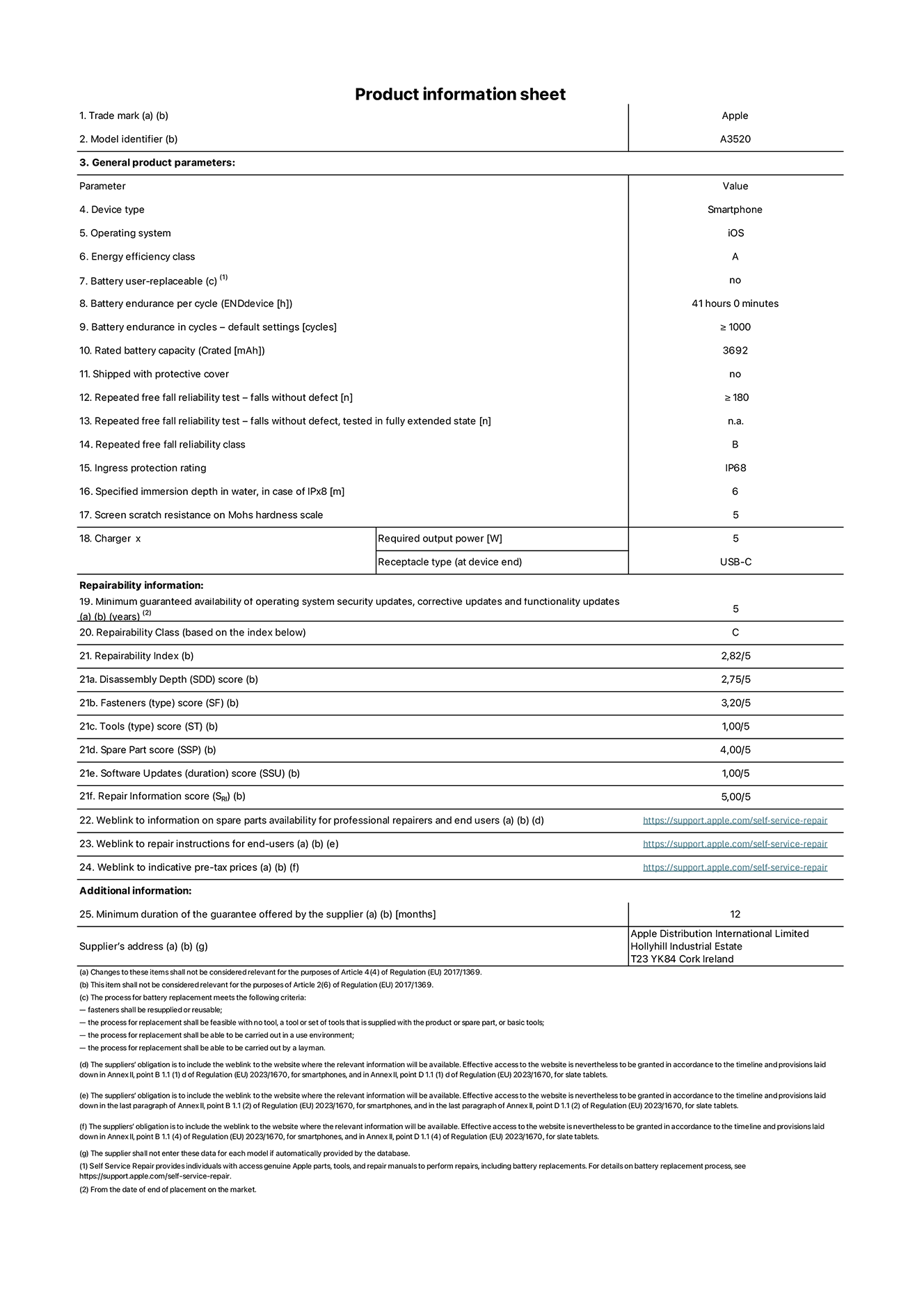 Product information sheet for iPhone 17, model A3520. Supplied by Apple Distribution International Limited, Hollyhill Industrial Estate. Cork, Ireland, T23 YK84. Device type: smartphone. Operating system: iOS. Energy efficiency class: A. Battery user-replaceable: no. Battery endurance per cycle: 41 hours. Battery endurance in cycles - default settings: greater than or equal to 1,000. Rated battery capacity: 3,692 milliampere-hours. Shipped with protective cover: no. Repeated free fall reliability test - falls without defect: greater than or equal to 180. Repeated free fall reliability test - falls without defect tested in fully extended state: not applicable. Repeated free fall in reliability class: B. Ingress protection rating: IP68. Specified immersion depth in water, in case of iPx8: 6 metres. Screen scratch resistance on Mohs hardness scale: 5. Charger required output power: 5 watts. Charger receptacle type (at device end): USB-C. Minimum guaranteed availability of operating system security updates, corrective updates and functionality updates: 5 years. Repairability class: C. Repairability index: 2.82/5. Disassembly Depth (SDD) score: 2.75/5. Fasteners score: 3.20/5. Tools score: 1.00/5. Spare part score: 4.00/5. Software updates score: 1.00/5. Repair information score: 5.00/5. Weblink to information on spare parts availability for professional repairers and end-users: https://support.online-now.beer/self-service-repair. Weblink to repair instructions for end-users: https://support.online-now.beer/self-service-repair. Weblink to indicative pre-tax prices: https://support.online-now.beer/self-service-repair. 12-month general guarantee offered.