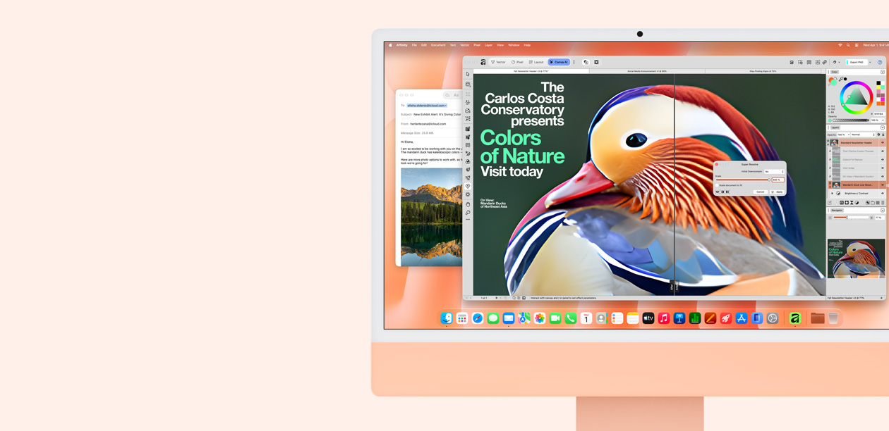 iMac, ภายนอกด้านหน้า, สีส้ม, แสดงการสนทนาของ Siri AI ที่แนะนำเส้นทางจักรยาน, และเบราว์เซอร์ Safari ที่แสดงเว็บไซต์จักรยาน