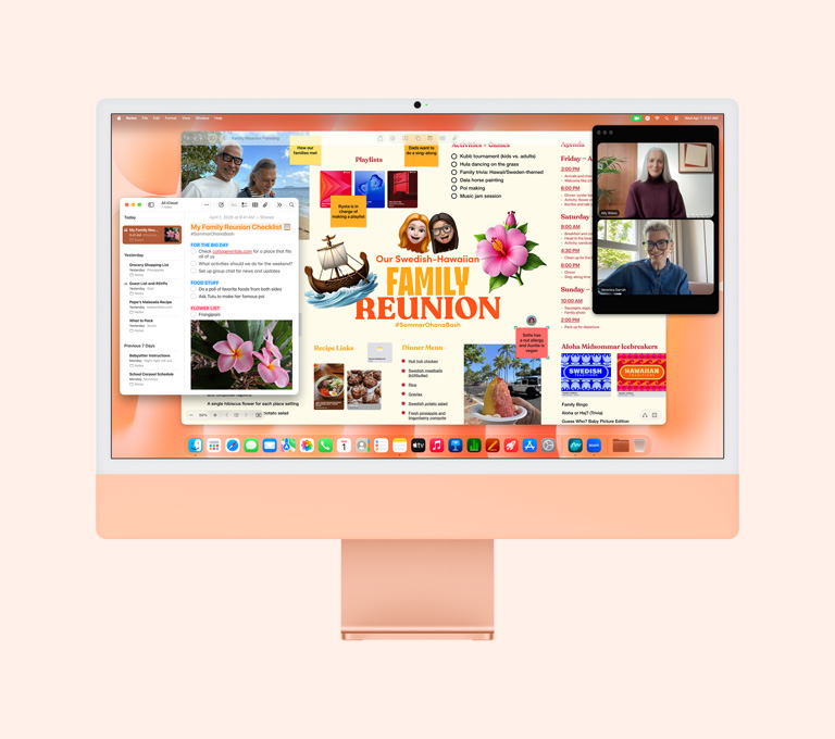 iMac, ภายนอกด้านหน้า, สีส้ม, หน้าจอแสดงบุคคลหนึ่งกำลังโทร FaceTime, บอร์ดวางแผนนัดพบปะครอบครัว, และแอปโน้ต