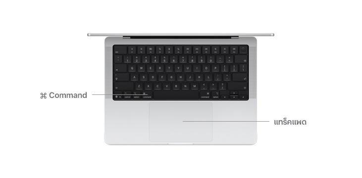 มุมมองด้านบนของ MacBook Pro รุ่น 14″ พร้อมเส้นที่บ่งบอกว่าปุ่ม Command และแทร็คแพดอยู่ตรงไหน