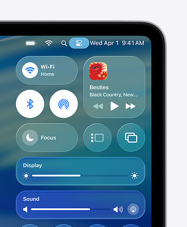 Right side of Mac screen showing Liquid Glass custom controls, like Wi‑Fi and Bluetooth, in Control Center