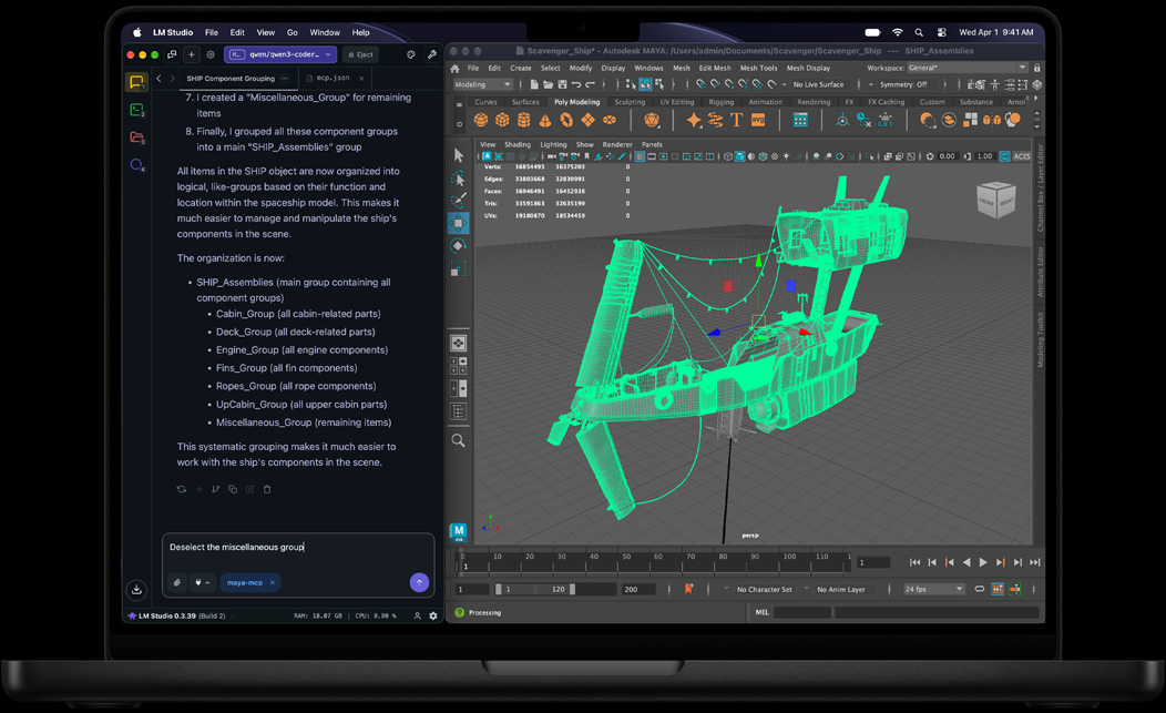 MacBook Pro, LM Studio, ผู้ช่วย AI แสดงรายการขั้นตอนสำหรับการจัดกลุ่มส่วนประกอบของยานอวกาศ, พร้อมท์เขียนว่า เลิกเลือกกลุ่มเบ็ดเตล็ด, Autodesk Maya, โมเดลโครงร่างแบบ 3D ของยานอวกาศสีเขียว