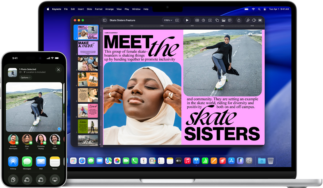 iPhone 16 Plus ที่มีแอปรูปภาพเปิดอยู่, MacBook Air รุ่น 13 นิ้ว ที่มีสไลด์ Keynote เปิดอยู่ โดยมีรูปภาพเดียวกันกับที่อยู่บน iPhone ปรากฏบนสไลด์