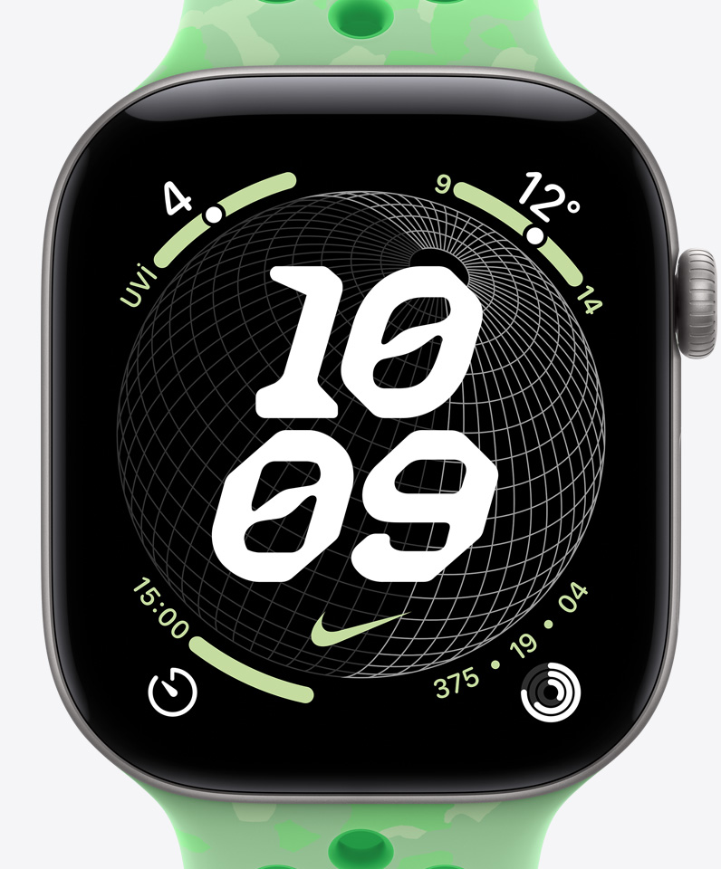 Nike Globe saat kadranı, saatin kaç olduğu bilgisi, Nike Swoosh logosu, komplikasyonlar: UV indeksi, hava durumu, sayaç, Aktivite Halkaları