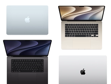 四部不同機型、尺寸和顏色的 Mac 電腦，展示各式各樣的自訂選項