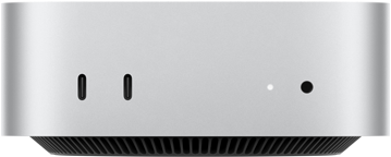 Mac mini, передня панель, два порти Thunderbolt, індикатор стану та порт для навушників, чорна звужена основа знизу, пласка верхня частина, заокруглені сторони, прямі краї, сріблястий колір