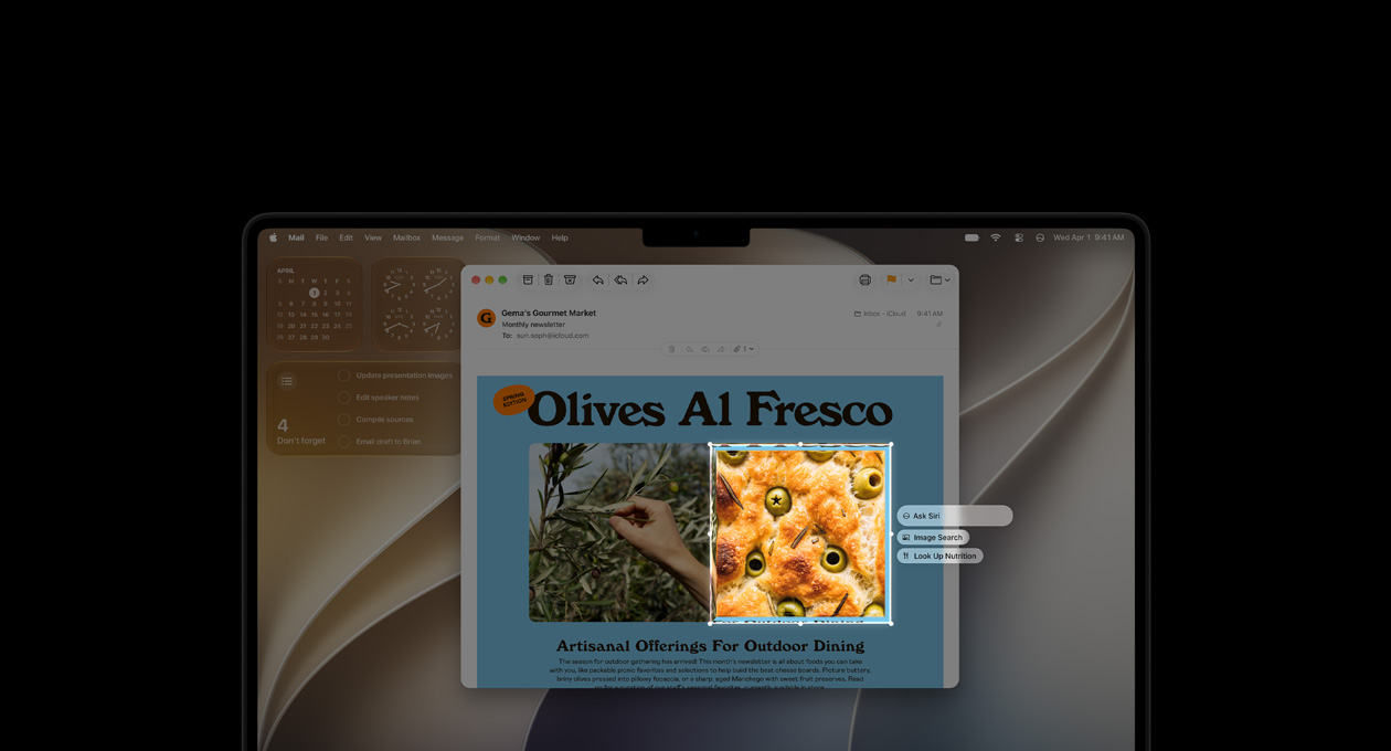 MacBook Pro de 14 pulgadas, negro espacial, la pantalla presenta una demostración de Inteligencia Visual, con un email con imágenes de comida y hierbas, un cuadro selecciona una imagen de aceitunas en un pan y se muestran tres comandos flotando sobre la imagen: Pedirle a Siri, Buscar imágenes y Consultar Información Nutricional