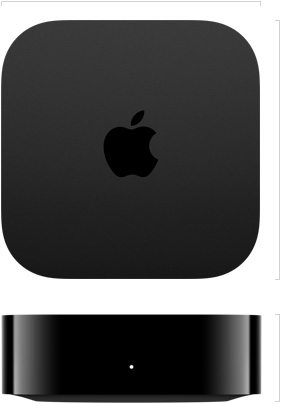 Apple TV 4K 的頂部外觀，展示中央的 Apple 標誌；正面外觀，展示狀態指示燈