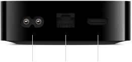 Apple TV 4K 的背面外觀，展示內建電源供應器、Gigabit 乙太網路、HDMI
