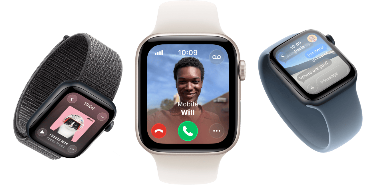 Apple Watch SE 3 devices, aluminum cases, starlight and midnight colors, Sport Loop, dark gray color, Solo Loop, light blush color, Solo Loop, anchor blue color, screens: Apple Music, incoming call, Messages