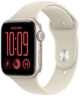 Apple Watch SE 3, boîtier en aluminium, lumière stellaire, cadran Modulaire, complications : jour et date, Exercices, anneaux Activité, température, côté droit, Digital Crown, bouton latéral, Bracelet Sport, sable