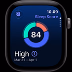 Apple Watch Series 12, boîtier en aluminium, gris sidéral, graphique circulaire du score de sommeil, côté droit, Digital Crown