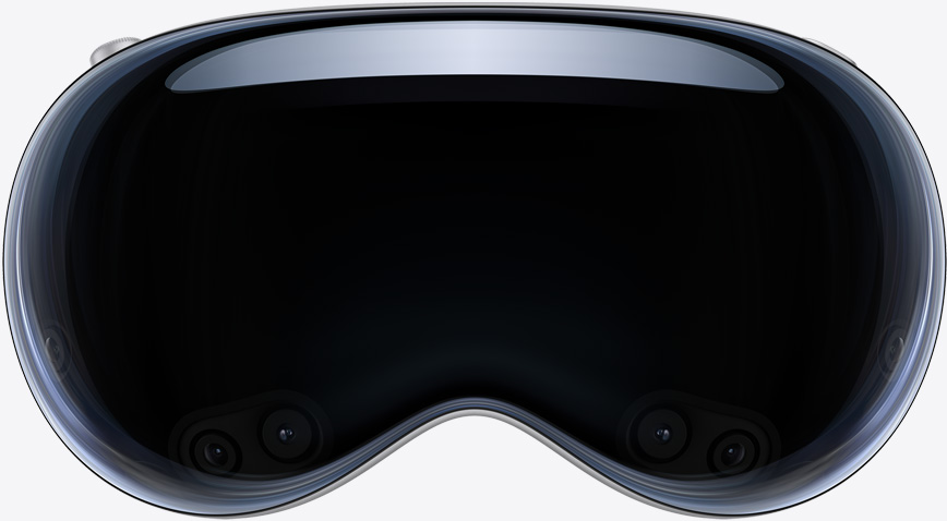 Apple Vision Pro, front, black colour, Digital Crown in top left corner