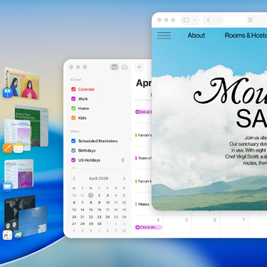 Keynote, Pages, Mail ve sakin bir mabet hakkında bir web sayfası da dahil olmak üzere birden fazla pencere ve uygulama gösterilen bir macOS Tahoe ekranı.