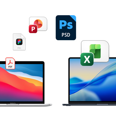 Birbirinden farklı, renkli masaüstü arka planları olan ve yan yana duran iki MacBook’un önden görünümü. MacBook’ların üzerinde yatay bir kaviste dosya simgeleri gösteriliyor. Bu dosya simgeleri arasında Acrobat dosyası, Figma dosyası, PowerPoint dosyası, Photoshop dosyası ve Excel dosyası bulunuyor.