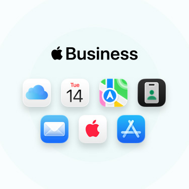 En række apps og værktøjer til virksomheder, herunder iCloud, Kalender, Kort, Apple Business, Mail, AppleCare og App Store.