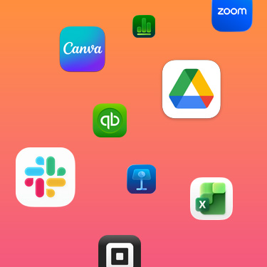 Renkli bir arka planda Slack, Canva, Google Workspace, Zoom, Quickbooks, Keynote, Excel, Square ve Numbers gibi üretkenlik uygulamalarının simgeleri görülüyor.