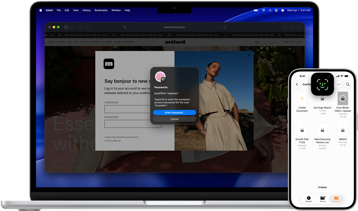 Ekranında Touch ID penceresi açık olan bir MacBook, macOS Tahoe duvar kağıdı var ve onun önünde Face ID ekranı görünen bir iPhone yer alıyor.