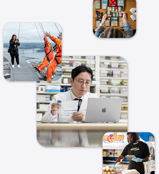Laboratuvar önlüğü giymiş, MacBook kullanan bir eczacı; bungee jump yapmak üzere olan iki kişinin iPhone ile fotoğrafını çeken bir bungee jumping eğitmeni ve elinde bir iPad tutarak gıda maddeleriyle ilgilenen bir adam.