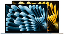 Portátiles MacBook Air, uno más pequeño delante de otro más grande, abiertos, fondos de pantalla brillantes con un diseño abstracto en azul y amarillo.