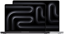 Portátiles MacBook Pro, uno más pequeño delante de otro más grande, abiertos, fondo de pantalla plateado y negro con un diseño geométrico.