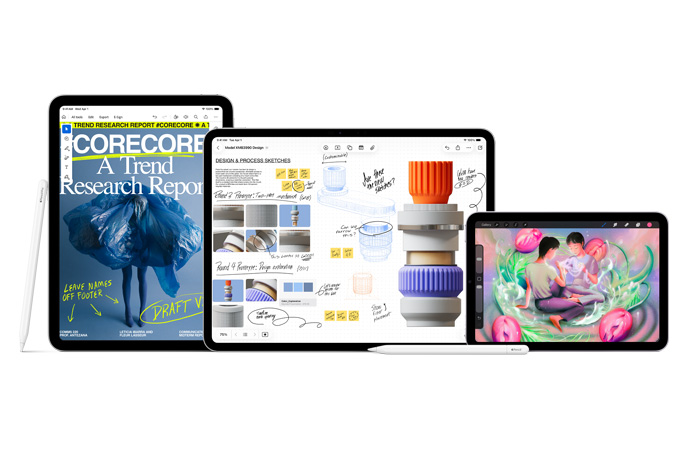 Varios dispositivos iPad, incluidos un iPad Pro, un iPad Air y un iPad, con un Apple Pencil Pro apoyado de forma vertical sobre el borde lateral del iPad Pro y otro Apple Pencil apoyado de forma horizontal frente a los demás dispositivos