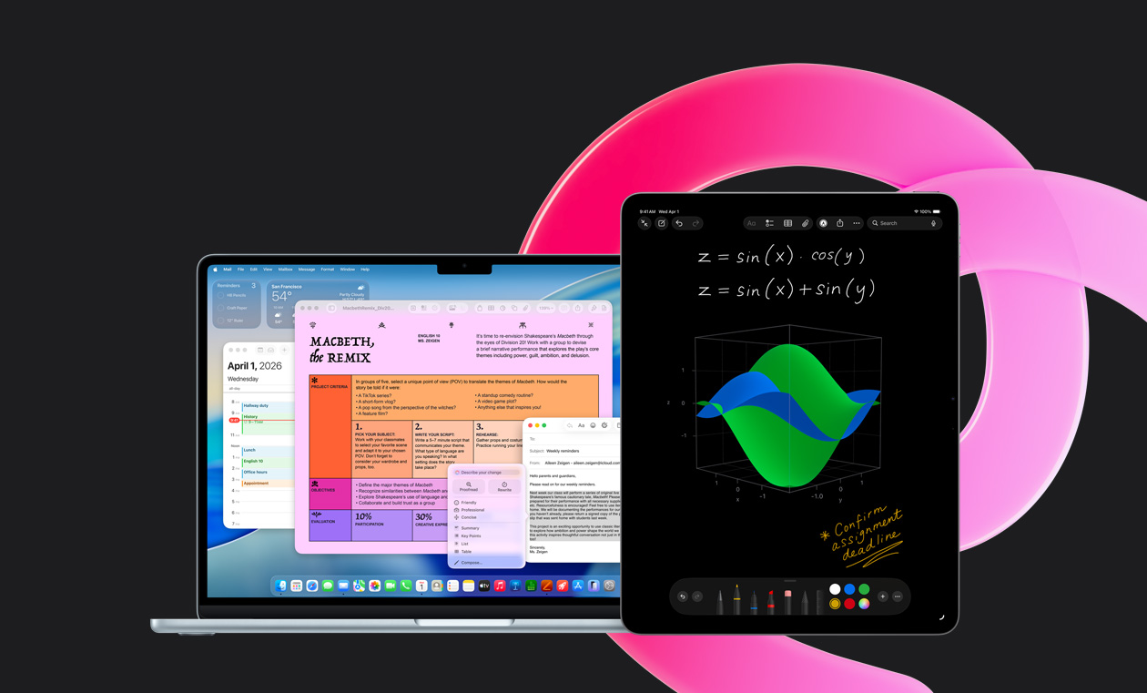 Un MacBook Air con las apps Pages, Calendario, Alerta y Mail en pantalla junto a un iPad que muestra ecuaciones escritas a mano en Notas Matemáticas, se destaca la productividad con las apps integradas