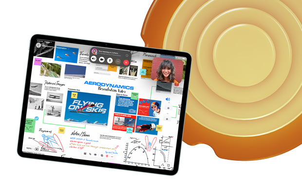 iPad, front view, displaying various topics and sketches within Freeform, including “Aerodynamics” and “Flying on Skis”