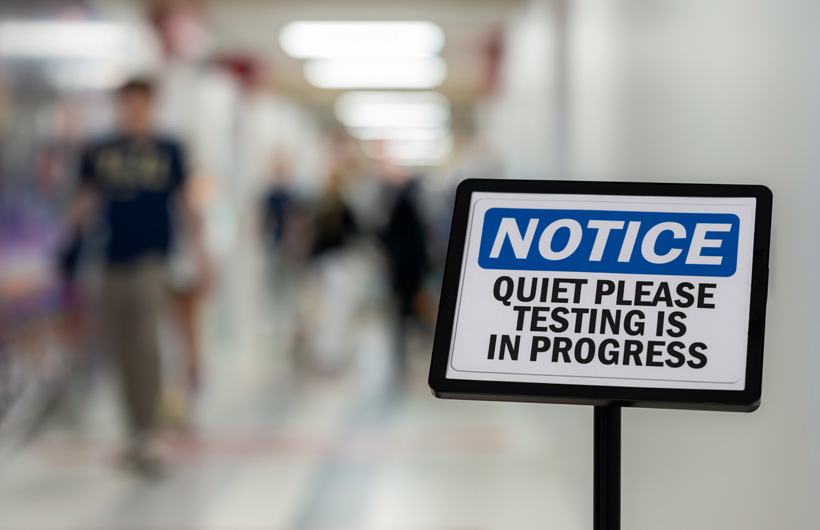 Un cartel dice en ingles «Aviso. Silencio, por favor. Examen en curso» en el pasillo de un centro educativo con gente caminando al fondo.