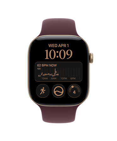 Apple Watch Series 12, Aluminiumgehäuse, Farbe Lichtgold, Herzfrequenz App, HFV mittel 72 ms, Sportarmband, Farbe Bordeaux