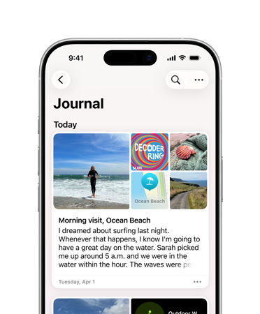Aplikacja Dziennik otwarta na wpis w dzienniku na dany dzień, zdjęcia z wyprawy na plażę i tekst o śnie na iPhonie