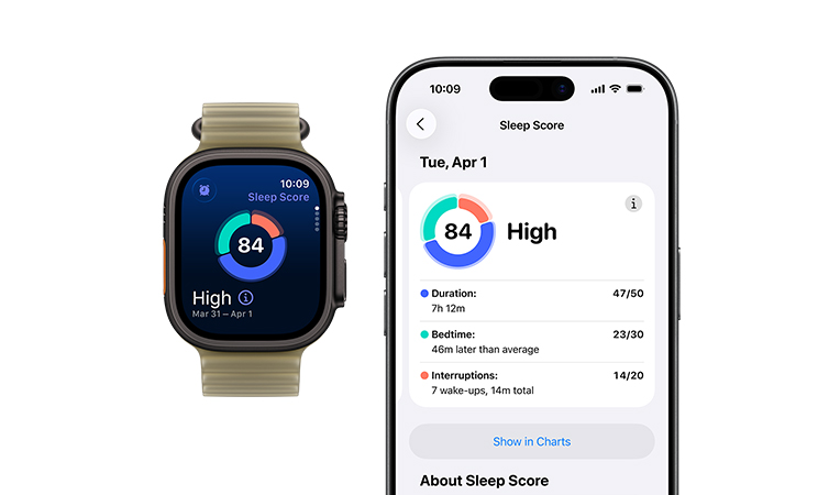 Apple Watch Ultra 3, Titangehäuse, Farbe Schwarz, Kreisdiagramm und Bewertung zum Schlafindex, linke Seitenansicht, Actiontaste, rechte Seitenansicht, Digital Crown, Seitentaste, Ocean Armband, Farbe Schwarz, genaue Schlafanalyse wird auf gekoppeltem iPhone angezeigt