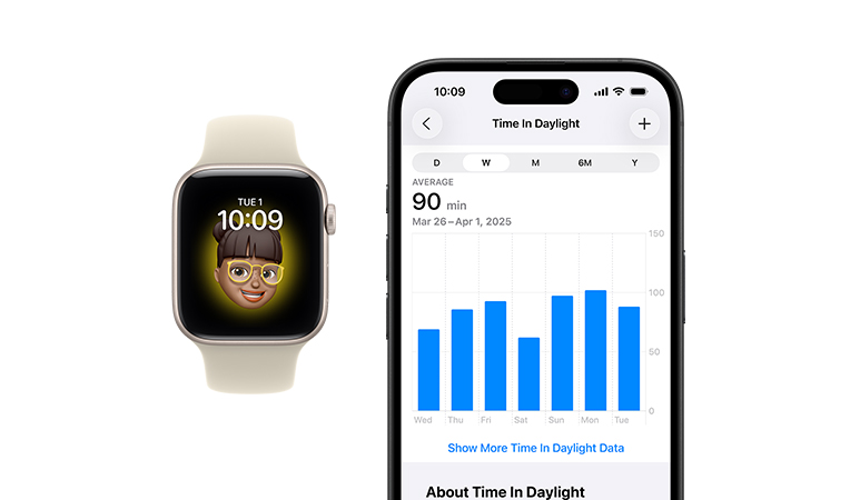 Apple Watch SE 3, Aluminiumgehäuse, Farbe Polarstern, Memoji Zifferblatt, iPhone, Health Teilen Tab mit Zeit im Tageslicht