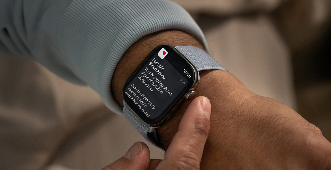 An Apple Watch displaying a notification for 'Possible Sleep Apnea.'