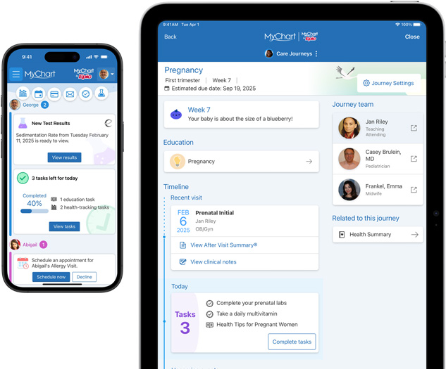 Écrans d’iPhone et d’iPad affichant l’app MyChart d’Epic.